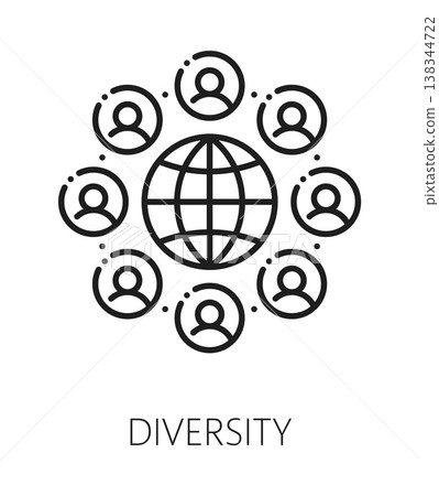 Diversity ESG line icon or pictogram. Company social integrity thin line vector icon, business ESG outline symbol. Ecological governance line art pictogram with planet globe and people avatars 138344722