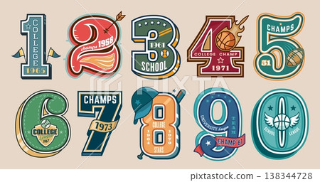 Varsity numbers sport patches vintage font for baseball, basketball and american football athletic teams. Vector university, school or college varsity patches, t shirt or jacket print with sport balls Varsity numbers sport patches vintage font for baseball, basketball and american football athletic teams. Vector university, school or college varsity patches, t shirt or jacket print with sport balls 138344728