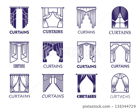Theater curtain icons with vector line opera theatre stage fabric draping and home window blinds. House interior decor element isolated outline symbols set of blue curtains or portieres with drapes Theater curtain icons with vector line opera theatre stage fabric draping and home window blinds. House interior decor element isolated outline symbols set of blue curtains or portieres with drapes 138344729