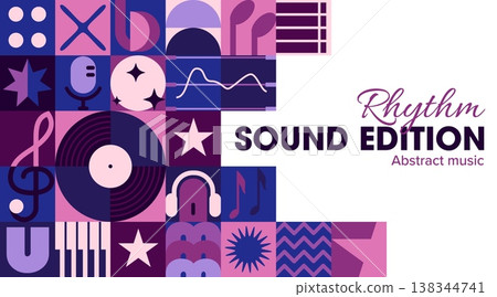Sound edition and records studio banner with geometric music pattern. Flat vinyl record, microphone, headphones, and music notes in purple and pink grid layout. Vector pattern for concert poster 138344741