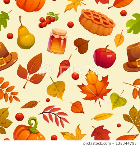 Thanksgiving and autumn harvest seamless pattern background. Rich vector design featuring maple, rowan, birch, linden leaves, berries, pears, apple pie, pumpkins, and pilgrim hat for kitchen textile Thanksgiving and autumn harvest seamless pattern background. Rich vector design featuring maple, rowan, birch, linden leaves, berries, pears, apple pie, pumpkins, and pilgrim hat for kitchen textile 138344785