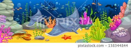 Cartoon stingray animals, seaweeds and coral reefs. Vector underwater scene with stingrays swimming among coral reef, rocks and marine animals. Ocean background with tropical fish, starfish and seabed Cartoon stingray animals, seaweeds and coral reefs. Vector underwater scene with stingrays swimming among coral reef, rocks and marine animals. Ocean background with tropical fish, starfish and seabed 138344844