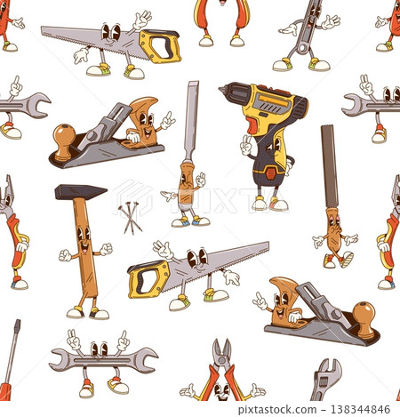 Groovy repair, construction diy tools characters seamless pattern with hammer, screwdriver, wrench, saw and drill, wrench, chisel, pliers or nails. Vector tile background with cartoon funny hand tools Groovy repair, construction diy tools characters seamless pattern with hammer, screwdriver, wrench, saw and drill, wrench, chisel, pliers or nails. Vector tile background with cartoon funny hand tools 138344846
