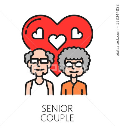 Elderly care service senior couple color line icon or label. Elderly help center sign, senior care vector pictogram. Older person social support service symbol with elderly couple and love heart 138344858