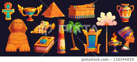 Ancient Egypt game icons, Egyptian treasure asset and artifacts. Cartoon vector pyramids, sphinx, sarcophagus and symbols of royalty, represent the rich culture, history and mysticism of ancient Egypt 138344859