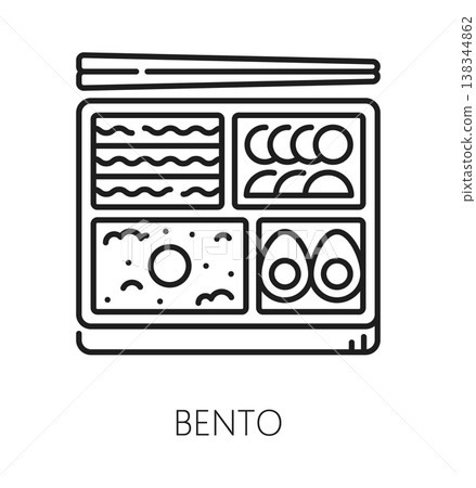 Japan bento box, Asian travel line icon or pictogram. Asia vacation trip icon, Asian country culture and cuisine tour outline vector pictogram. Japan travel sign with bento lunch box and chopsticks 138344862