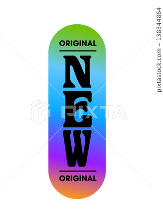 New hologram vintage Y2K sticker or label. Metallic color hologram vintage patch, reflective foil Y2K vector label. Gradient chrome holographic sticker or tag with vertical typography 138344864