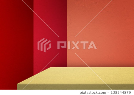 Concrete Table with Light Beam and Shadow on Red Studio Wall Background Designed for Product Presentations Concrete Table with Light Beam and Shadow on Red Studio Wall Background Designed for Product Presentations 138344879