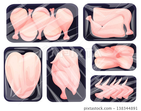 Chicken fresh frozen. Turkey parts supermarket or market counter plastic containers. Half chick, fillet, legs and drumsticks of poultry, wings, nowaday vector clipart 138344891