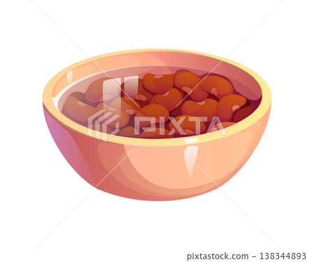 Cartoon bowl with soaked red beans in water showing cooking process of raw kidney ingredient. Vector kitchen culinary recipe food preparation scene with ceramic container, liquid beans and clean water Cartoon bowl with soaked red beans in water showing cooking process of raw kidney ingredient. Vector kitchen culinary recipe food preparation scene with ceramic container, liquid beans and clean water 138344893