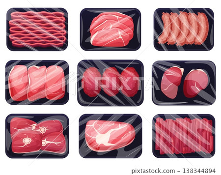 Frozen meat packs. Meats products in plastic containers with film. Fresh frozed steaks, minced meat, cutlets, tenderloin, sausages. Supermarket items, nowaday vector set Frozen meat packs. Meats products in plastic containers with film. Fresh frozed steaks, minced meat, cutlets, tenderloin, sausages. Supermarket items, nowaday vector set 138344894