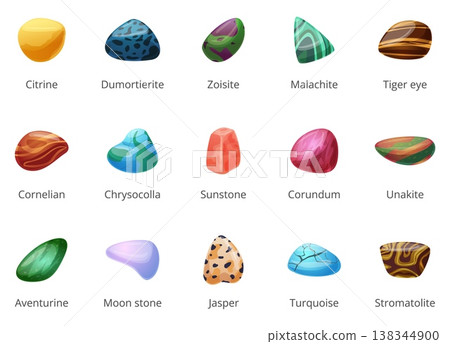 Mineral stones. Colorful half jewelry stone different colors. Semi precious natural elements, gemstones. Turquoise, malachite, aventurine, nowaday vector clipart 138344900