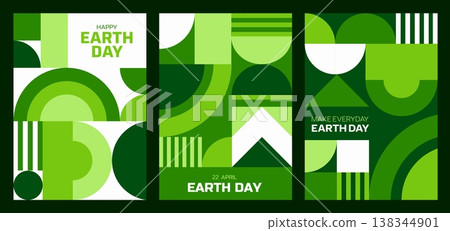 Earth day posters with green geometric pattern. Vector environmental cards for April 22 celebration. Environment and ecology awareness with modern abstract modular mosaic shapes, vertical flyers 138344901