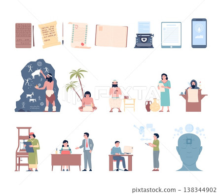 Writing evolution. Different writers characters, from ancient to modern. People write on stone, parchment, fabric, with printing press and typewriter, recent vector scenes Writing evolution. Different writers characters, from ancient to modern. People write on stone, parchment, fabric, with printing press and typewriter, recent vector scenes 138344902