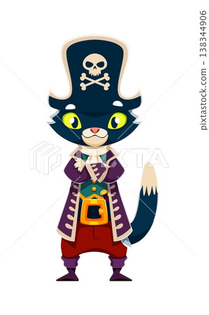 Cartoon cat animal pirate captain or skipper character with bright yellow eyes. Corsair dressed in a long purple coat, red trousers and tall hat with crossbones. Funny pirate personage for kids design Cartoon cat animal pirate captain or skipper character with bright yellow eyes. Corsair dressed in a long purple coat, red trousers and tall hat with crossbones. Funny pirate personage for kids design 138344906