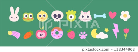 Tiny cartoon groovy icons. Faces of duck, bunny, frog, crazy cat. Donut, apple and strawberry, bone, heart and lightning. Daisy and skull, flowers, vector clipart Tiny cartoon groovy icons. Faces of duck, bunny, frog, crazy cat. Donut, apple and strawberry, bone, heart and lightning. Daisy and skull, flowers, vector clipart 138344908