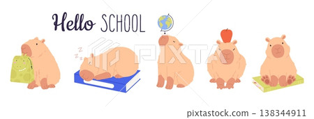 Smart student capybara. Back to school, university, college animals with books, globe, backpack. Funny capybaras, children mascots, vector characters Smart student capybara. Back to school, university, college animals with books, globe, backpack. Funny capybaras, children mascots, vector characters 138344911