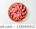 Premium Japanese Black Wagyu beef loin slices, marbled meat, arranged on a white background, overhead shot. 138344912