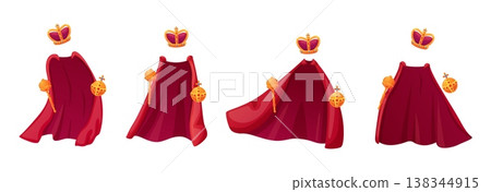 Royal red robe, golden crown, scepter and orb. Gold king monarchy attributes. Imperial accessories for special occasions. Cloak in different positions, vector set 138344915