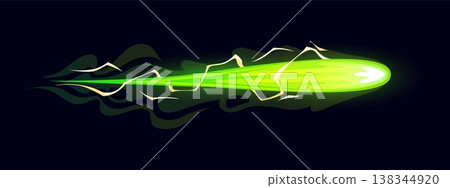 Laser blaster gun game effect of cartoon energy blast or fire beam, vector VFX icon. Raygun or laser gun plasma blaster game effect of green bullet blast of fireball shot with magic energy lightning Laser blaster gun game effect of cartoon energy blast or fire beam, vector VFX icon. Raygun or laser gun plasma blaster game effect of green bullet blast of fireball shot with magic energy lightning 138344920
