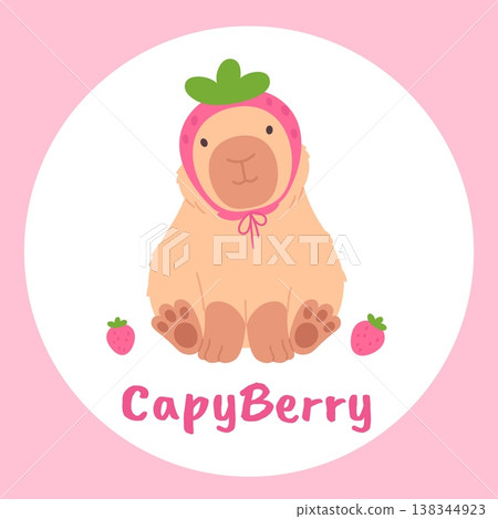 Print with cartoon capybara in strawberry hat. Funny groovy animal character. Girly style postcard, sticker, artistic printable decoration, vector element 138344923