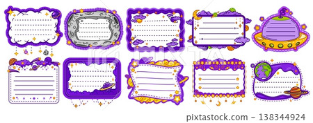 Galaxy space kids memo note frames. Outer space theme with whimsical galaxy, shooting stars, spaceships and celestial. UFO frame, moon and planets border, galactic clouds filled with stars and comets 138344924