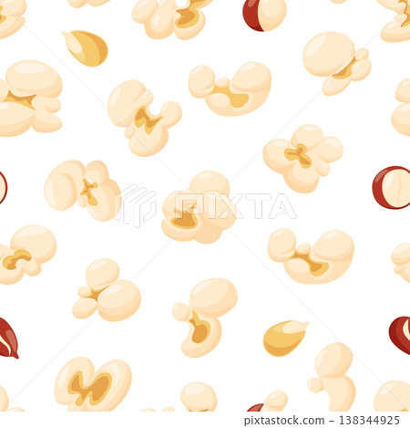 Popcorn seeds seamless pattern. Flying popcorns, fast food or snack for cinema evening. Art print design, fashion fabric, wallpaper, backdrop, vector background Popcorn seeds seamless pattern. Flying popcorns, fast food or snack for cinema evening. Art print design, fashion fabric, wallpaper, backdrop, vector background 138344925