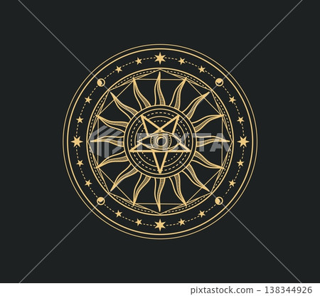 Mystical, astrology and magic occult symbol. Golden circle bordered by crescent moon and stars, enclosing radiant sun, central star, and watchful eye. Occult vector symbol for mystical tattoo 138344926