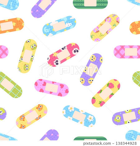 Medical plaster seamless pattern. Children decorative adhesive plasters with funny characters and elements. Sterile bandages print, vector background Medical plaster seamless pattern. Children decorative adhesive plasters with funny characters and elements. Sterile bandages print, vector background 138344928