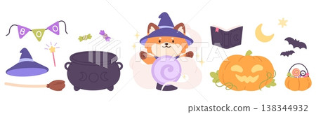 Magic fox and Halloween elements. Witchcraft, fantasy world. Red fox in witch s hat casts spell on fortune tale ball. Cartoon magical tools, vector clipart Magic fox and Halloween elements. Witchcraft, fantasy world. Red fox in witch s hat casts spell on fortune tale ball. Cartoon magical tools, vector clipart 138344932
