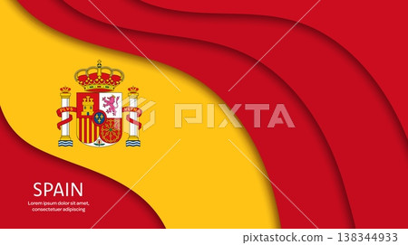Paper cut national flag of Spain. Vector red and yellow Spanish National day papercut banner. Layered Spanish flag with royal seal for National day celebrations, cultural event or patriotic banner 138344933