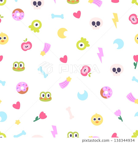 Groovy seamless pattern. Funny animal faces, frog, duck, green slime monster. Heart and flower, donut, bone, falling star or comet. Vector print template, background Groovy seamless pattern. Funny animal faces, frog, duck, green slime monster. Heart and flower, donut, bone, falling star or comet. Vector print template, background 138344934