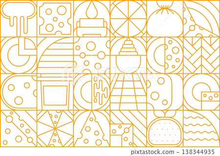 Modern dairy cheese geometric pattern featuring orange linear food icons. Cheese slices, melted cheese, milk, pizza, burger and dairy symbols arranged in grid layout. Vector pattern for food packaging 138344935