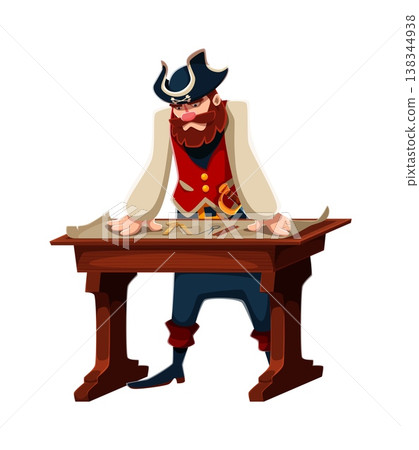 Brave pirate captain cartoon character. Bearded corsair in tricorn hat and red vest, leaning over a treasure map with a thoughtful expression. Cartoon vector sailor for game and adventure graphics Brave pirate captain cartoon character. Bearded corsair in tricorn hat and red vest, leaning over a treasure map with a thoughtful expression. Cartoon vector sailor for game and adventure graphics 138344938