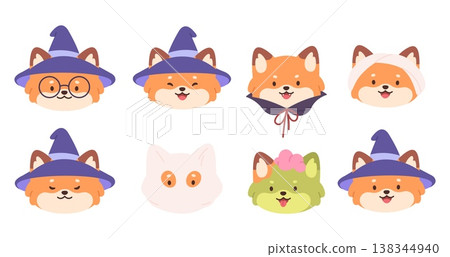 Funny fox characters avatars. Foxes naughty faces, in witch hat, zombie, mummy. Adorable wild animal characters, Halloween, vector clipart Funny fox characters avatars. Foxes naughty faces, in witch hat, zombie, mummy. Adorable wild animal characters, Halloween, vector clipart 138344940