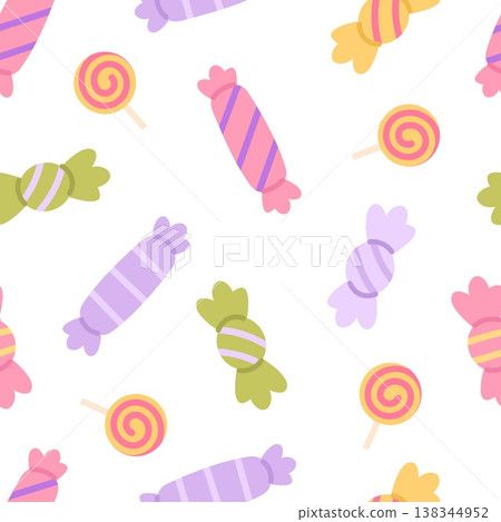 Candies seamless pattern. Candy and lollipops, tasty sweet food. Funny bright print for holidays, festival, birthday party. Wallpaper, fabric template, vector background Candies seamless pattern. Candy and lollipops, tasty sweet food. Funny bright print for holidays, festival, birthday party. Wallpaper, fabric template, vector background 138344952