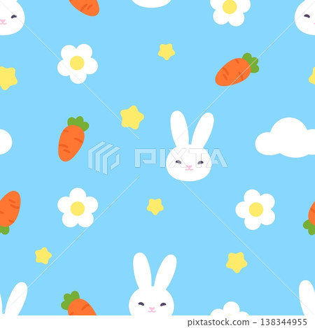 Bunny head, carrots and stars. Children style seamless pattern with groovy elements. Baby nursery template design, print for wallpaper, fabric, vector background Bunny head, carrots and stars. Children style seamless pattern with groovy elements. Baby nursery template design, print for wallpaper, fabric, vector background 138344955