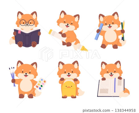 Back to school animals characters. Funny cartoon fox with stationery, book, lunch box. Cute animal flying on crayon, reading and painting, vector set 138344958