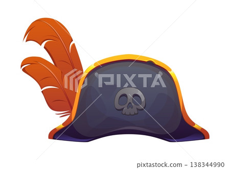 Pirate hat or corsair and captain headwear, cartoon vector icon. Caribbean pirate tricorn or bicorn hat with Jolly Roger skull badge and feathers plumage, sailor boatswain or skipper marine hat 138344990