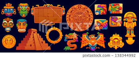 Aztec Inca Maya mexican game icons, vector UI asset. Cartoon stone sign board frame, icons and buttons with ancient pyramid, mayan totem masks and gold coins. Aztec civilization game icons set Aztec Inca Maya mexican game icons, vector UI asset. Cartoon stone sign board frame, icons and buttons with ancient pyramid, mayan totem masks and gold coins. Aztec civilization game icons set 138344992
