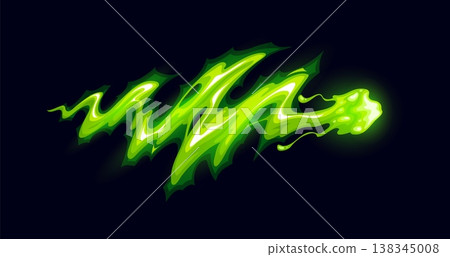 Cartoon game gun effect with zigzagging green energy trail that glows brightly, leaving a magical afterglow. Whimsical vector effect for fantasy game, enchanted weapon attack or alien technology 138345008