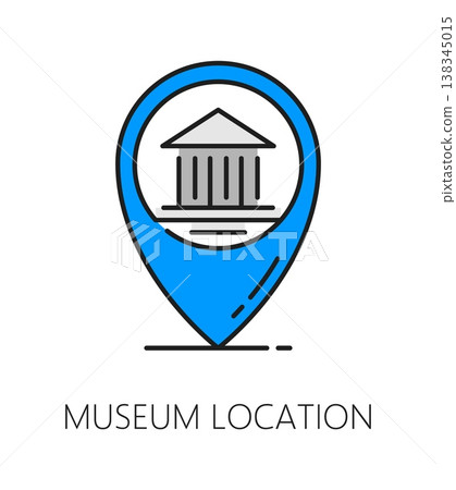 Museum or art gallery exhibition color line icon of location pin, vector pictogram. Museum exhibition and art gallery icon of location pin for visitors and tourist map or plan of exposition route 138345015