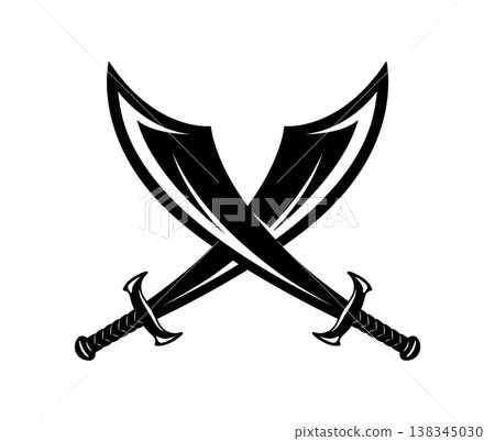 Pirate sailor crossed blades and swords icon. Pirate battle daggers graphic emblem, warrior crossed sabers monochrome vector icon. Filibuster ancient swords isolated symbol Pirate sailor crossed blades and swords icon. Pirate battle daggers graphic emblem, warrior crossed sabers monochrome vector icon. Filibuster ancient swords isolated symbol 138345030