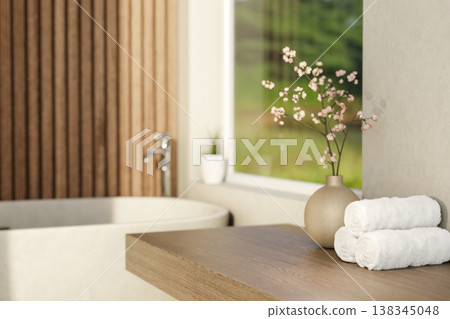 Towels and flower vase on wooden table aside white tub under garden view window in a modern bathroom Towels and flower vase on wooden table aside white tub under garden view window in a modern bathroom 138345048