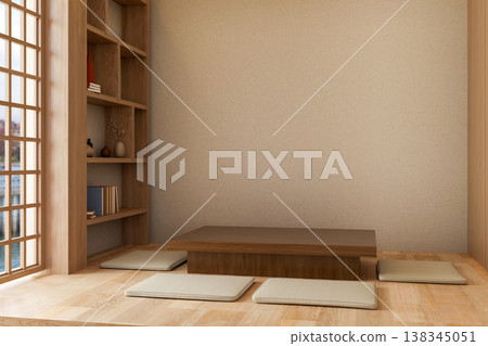 Low wooden table and fabric cushions on parquet floor and wall shelf in a modern japanese style room Low wooden table and fabric cushions on parquet floor and wall shelf in a modern japanese style room 138345051