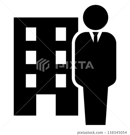 Monochrome icons of buildings and businessmen (company, corporation, office, real estate, base, businessman, silhouette) Monochrome icons of buildings and businessmen (company, corporation, office, real estate, base, businessman, silhouette) 138345054