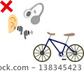 No riding a bicycle while wearing earphones or headphones (illustration warning against the dangerous act of riding a bicycle while listening to music) 138345423