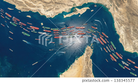 Top view of a long queue of large oil tankers in a narrow sea lane, realistic satellite perspective, concept of global trade and transportation of energy resources 138345577