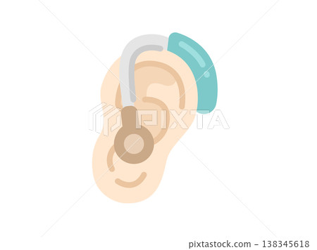 一張佩戴在耳朵上的助聽器圖示插圖。 138345618