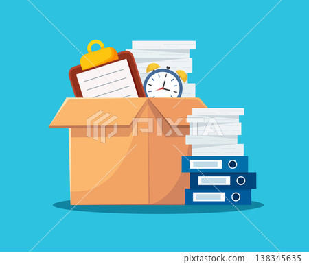 Cardboard Box with Papers and Folders Office Supplies vector illustration Cardboard Box with Papers and Folders Office Supplies vector illustration 138345635